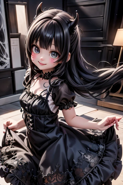 masterpiece, best quality, a cute horned demon smiling, slouching to the front, intense blue smokey eyes makeup, summer dress, ta pumps, city at night