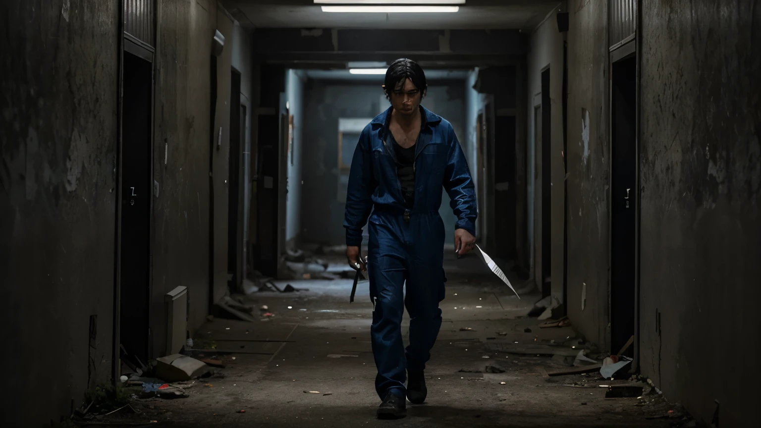 he has black hair and where a blue jumpsuit. He is walking through an abandoned building, there is a shadowy figure who stalks him, he holds a knife that is razor sharp.