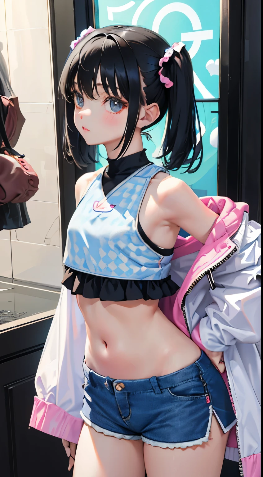 (short cute girl， young studeg delicate girl）,（masterpiece，Top quality)，crop top look，pastel colored clothes，long black hair