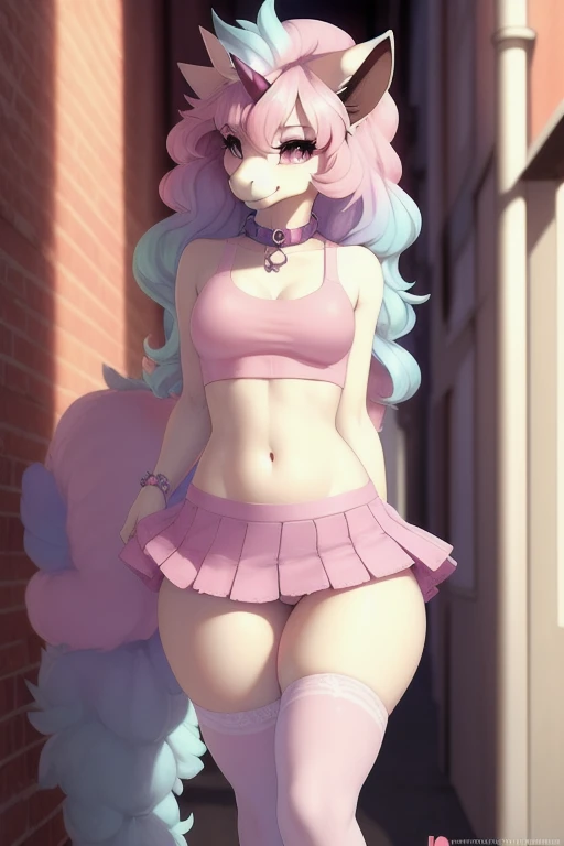uploaded on e621, explicit content, 3d, cutesexyrobutts, hioshiru, female, solo, galarian ponyta, alleyway setting, (pink eyeshadow, pink clothes, (microskirt), pink velvet collar, (pink see-through crop top), style, (pastel color thighhighs)), clothed, clothing, three-quarter portrait, closeup, standing, figure, small breasts, toned stomach, thick thighs, wide hips, hair, see-through top, visible nipples, (lifting own skirt), detailed pussy, skirtlift,