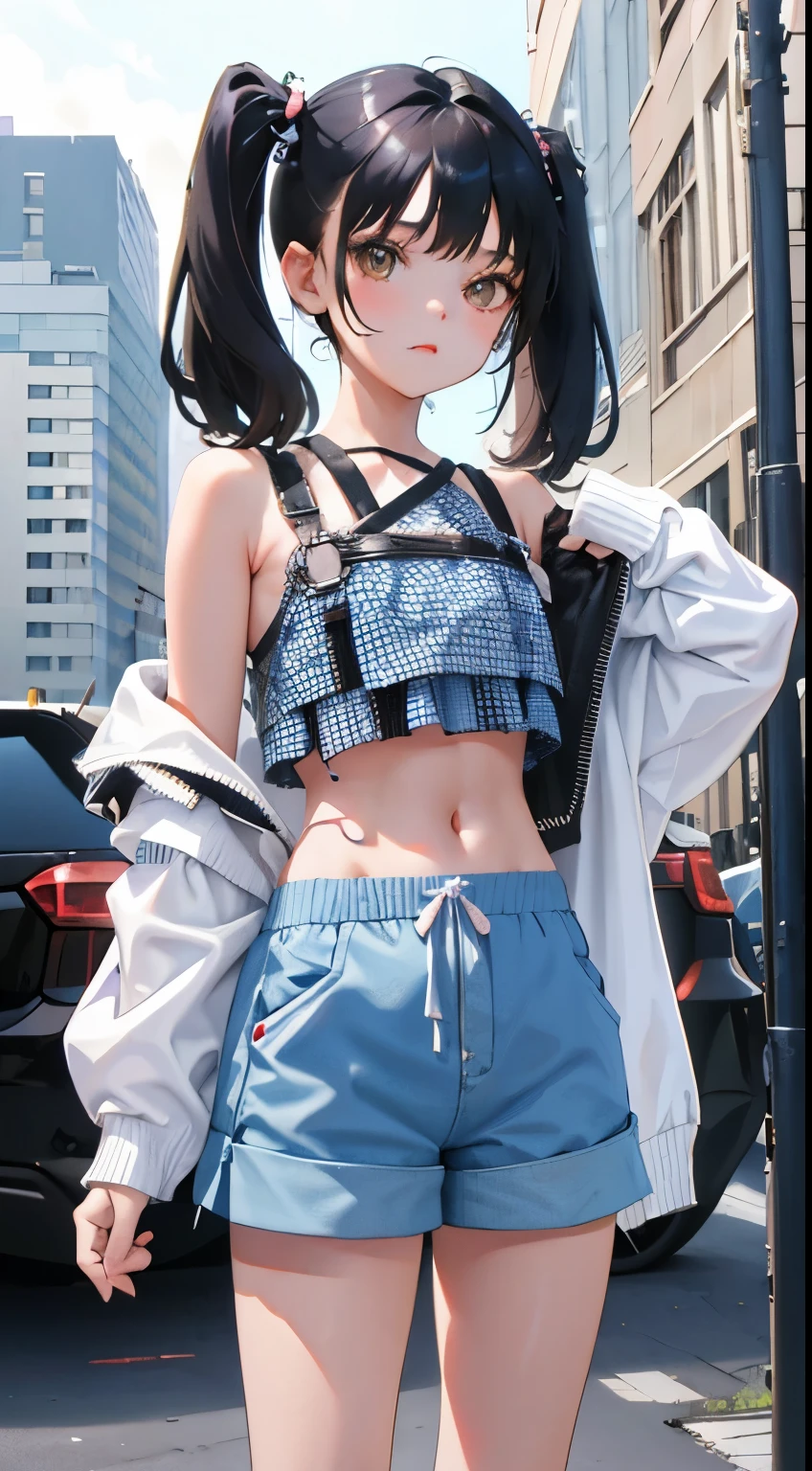(short cute girl, young studeg delicate girl),(masterpiece,Top quality),crop top look,pastel hoodie,(gingham check shorts),black hair,twin tails,toy world
