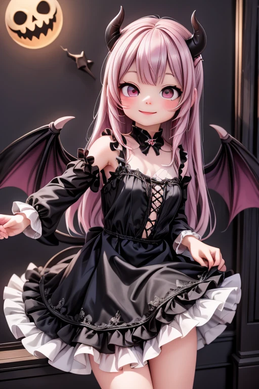 a cute demon girl smiling floating in the air, lace cloth gothic dress, at night, playful pose of a dancer, creepy, horror style