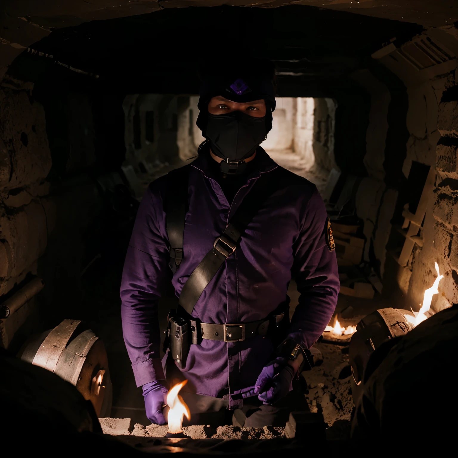 Underground fortress with masked soliders wearing all back holding guns in a pit with purple flames