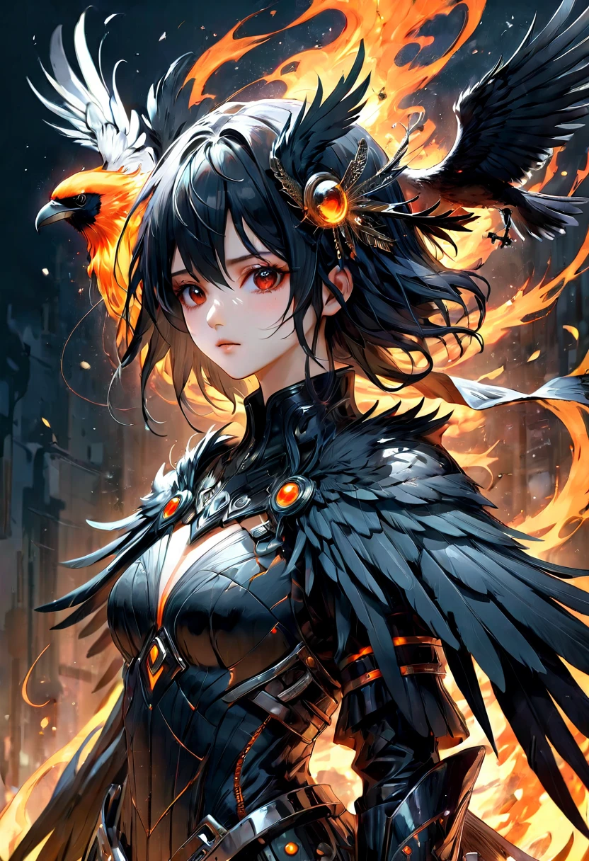 A masterful artistic digital rendering of a sinister cybernetic crow made from sparks and fire by Simon Prades, h.r giger, russ mills, Shaun Ryken, celestial, UHD, 8k resolution, fantasy editorial art, complex and hyperdetailed, beautiful composition, a modern surrealistic masterpiece by Dan Mumford