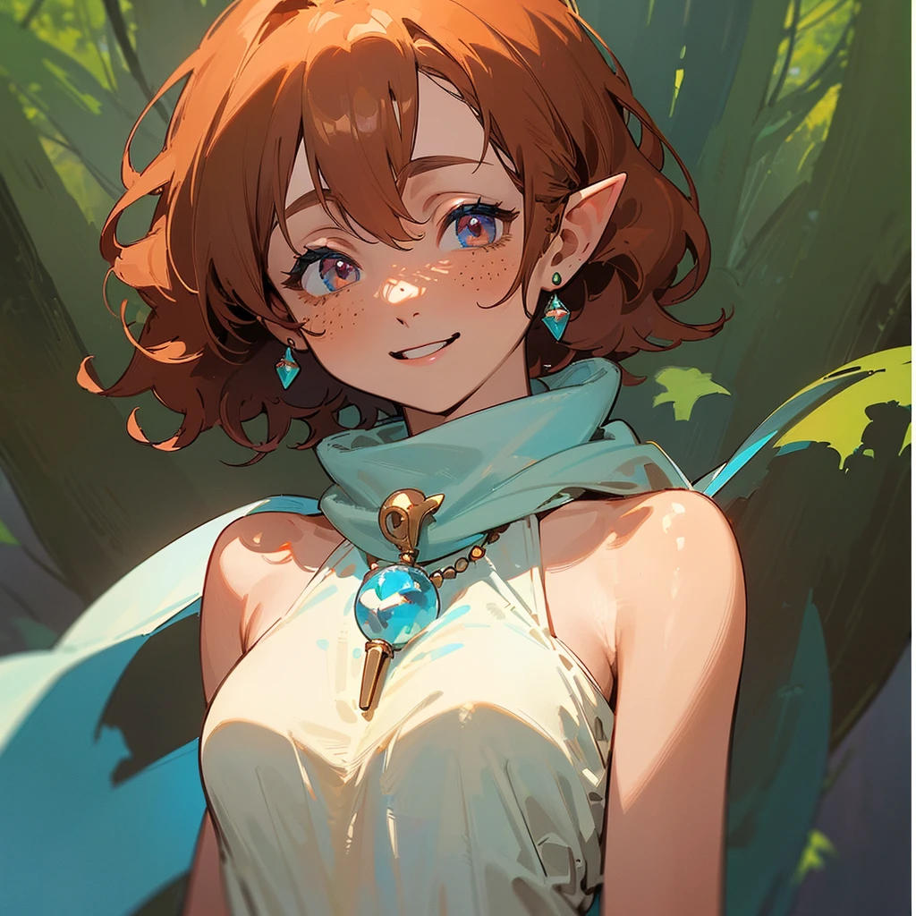 ((Masterpiece: 1.5, best quality, high resolution: 1.3, super resolution, super detailed, ultra detailed: 1.3, rich background: 1.2, Perfect Anatomy:1.5, 1 woman) tanned skin + strawberry hair + short curly hair + eyes light blue + female figure + freckles on her nose + elf ears (medieval dress, scarf going down her elbows, visible shoulders and necks, necklace with a gem) ((open eyes, smile, background of a forest, friendly environment)) ( (colors for clothing: brown, light blue, white, cream)