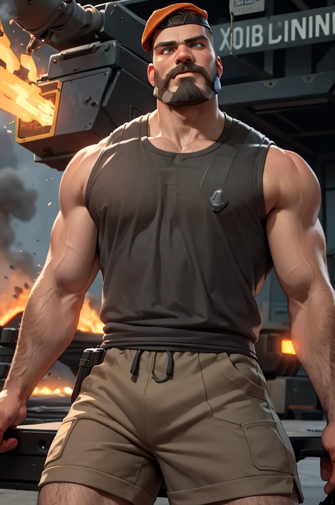 Brimstone, Brimstone /(Valorant/), realistic, best quality, male focus, 1boy, looking at viewer, tank top, masterpiece, beard, facial hair, volumetric lighting, volcano background 