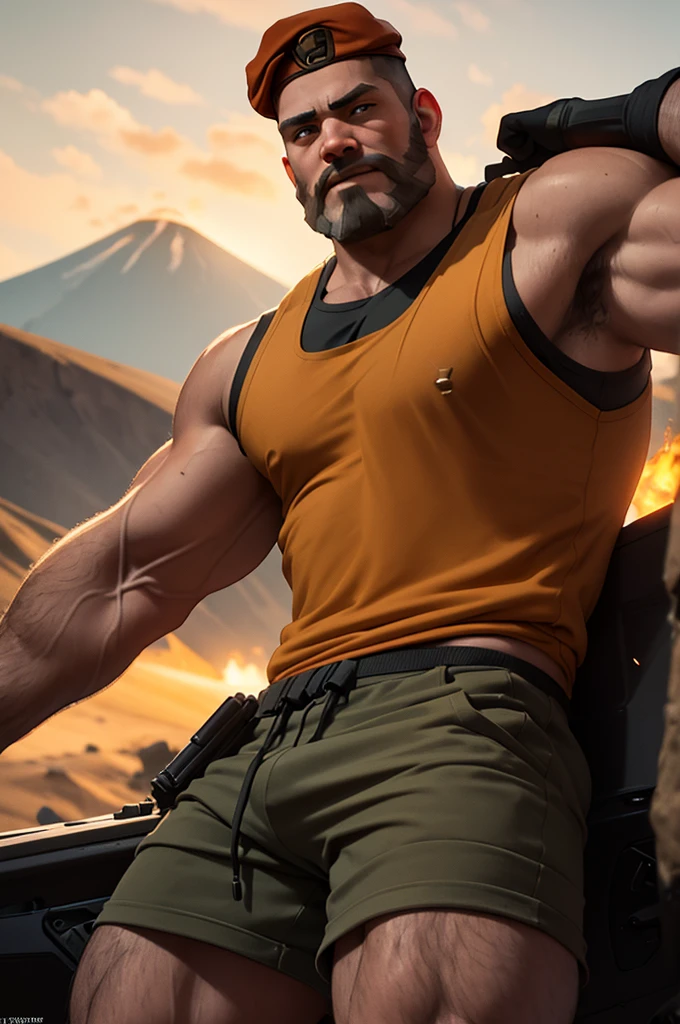 Brimstone, Brimstone /(Valorant/), realistic, best quality, male focus, 1boy, looking at viewer, tank top, masterpiece, beard, facial hair, volumetric lighting, volcano background 