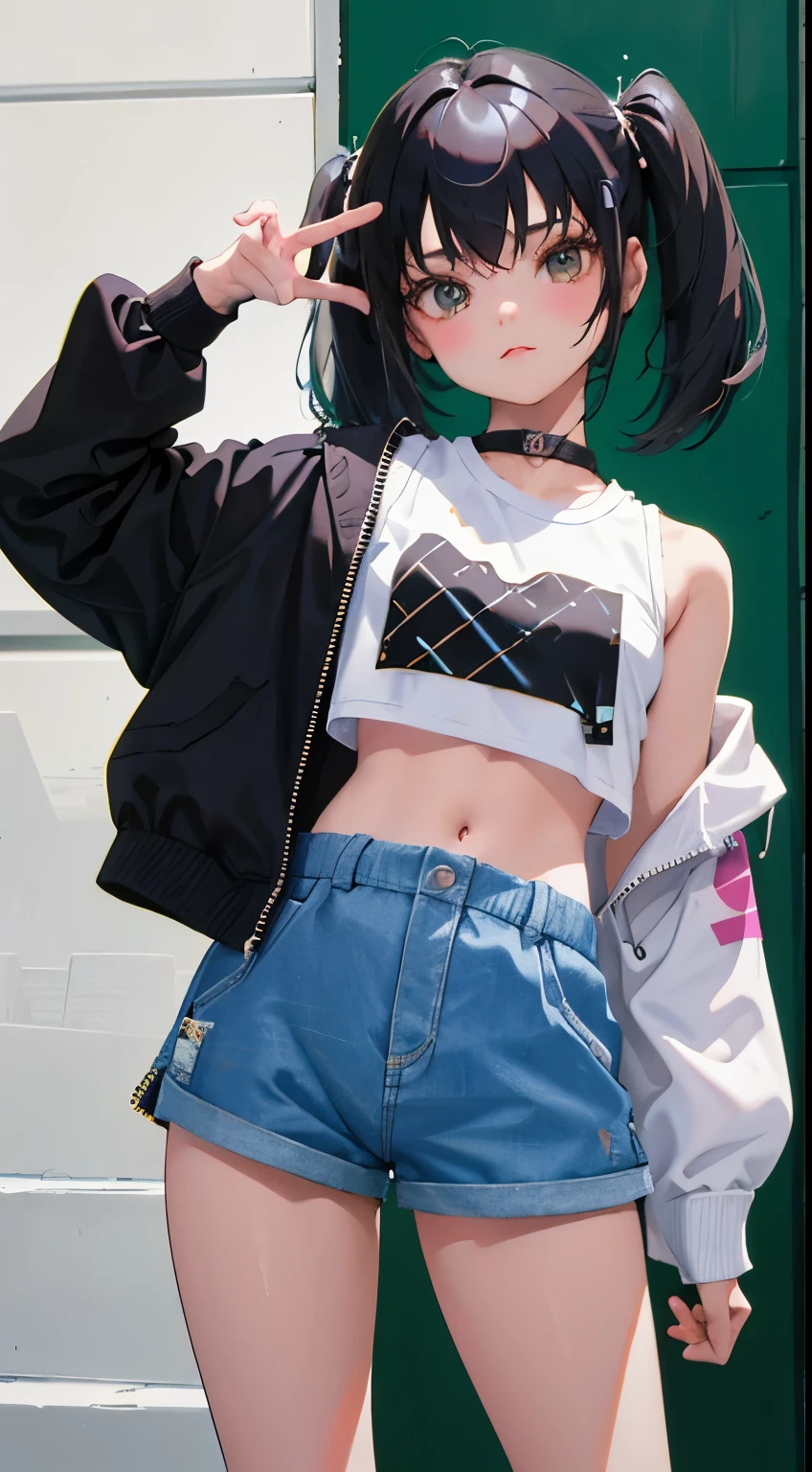 (short cute girl,small young student,young delicate girl),(masterpiece,Top quality),crop top look,pastel hoodie,(gingham check shorts),black hair,twin tails,toy world