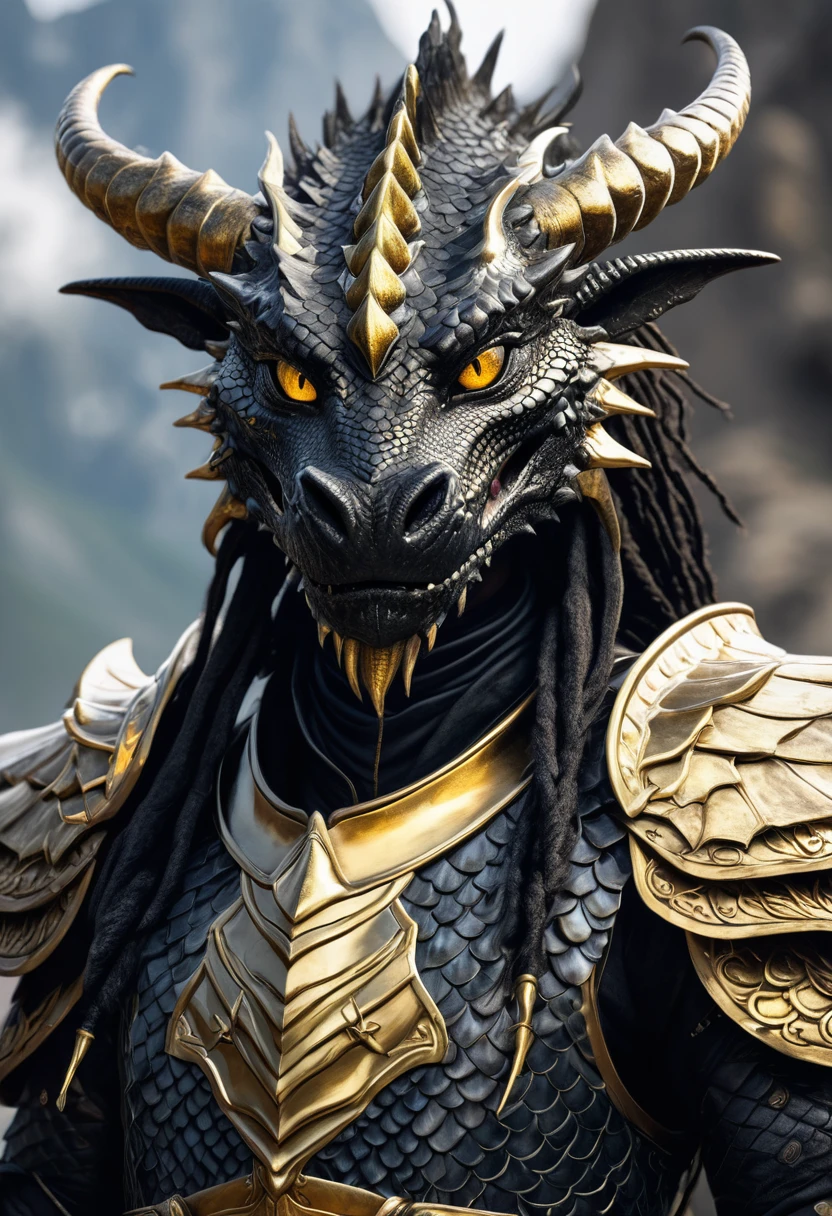 The best image of a mage dragonborn with black scales, the face of a dragon, dreadlock hair made of scales, golden eyes, large horns in the backhead, a long tail, who looks like a humanoid dragon.