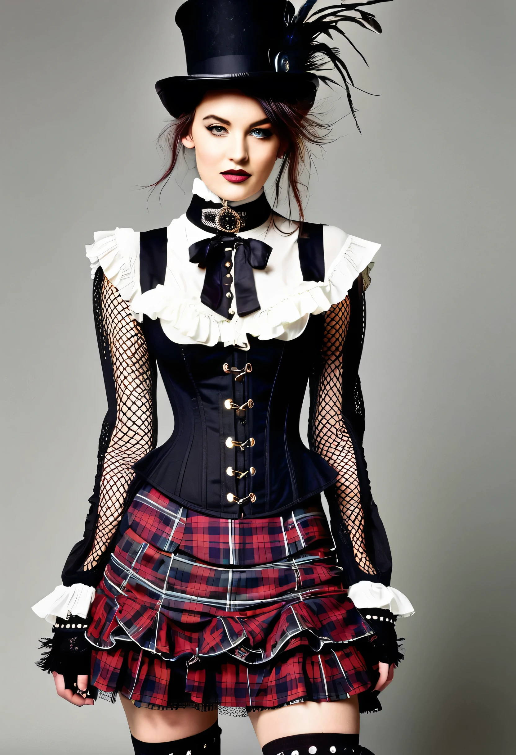 Combine the elegance of Victorian-era fashion with the rebellious spirit of punk.Layer a corset over a ruffled blouse and pair it with a high-waisted, plaid mini-skirt.Accessorize with chunky combat boots, fishnet stockings, and fingerless gloves.Top it off with a top hat adorned with punk-inspired pins and feathers.