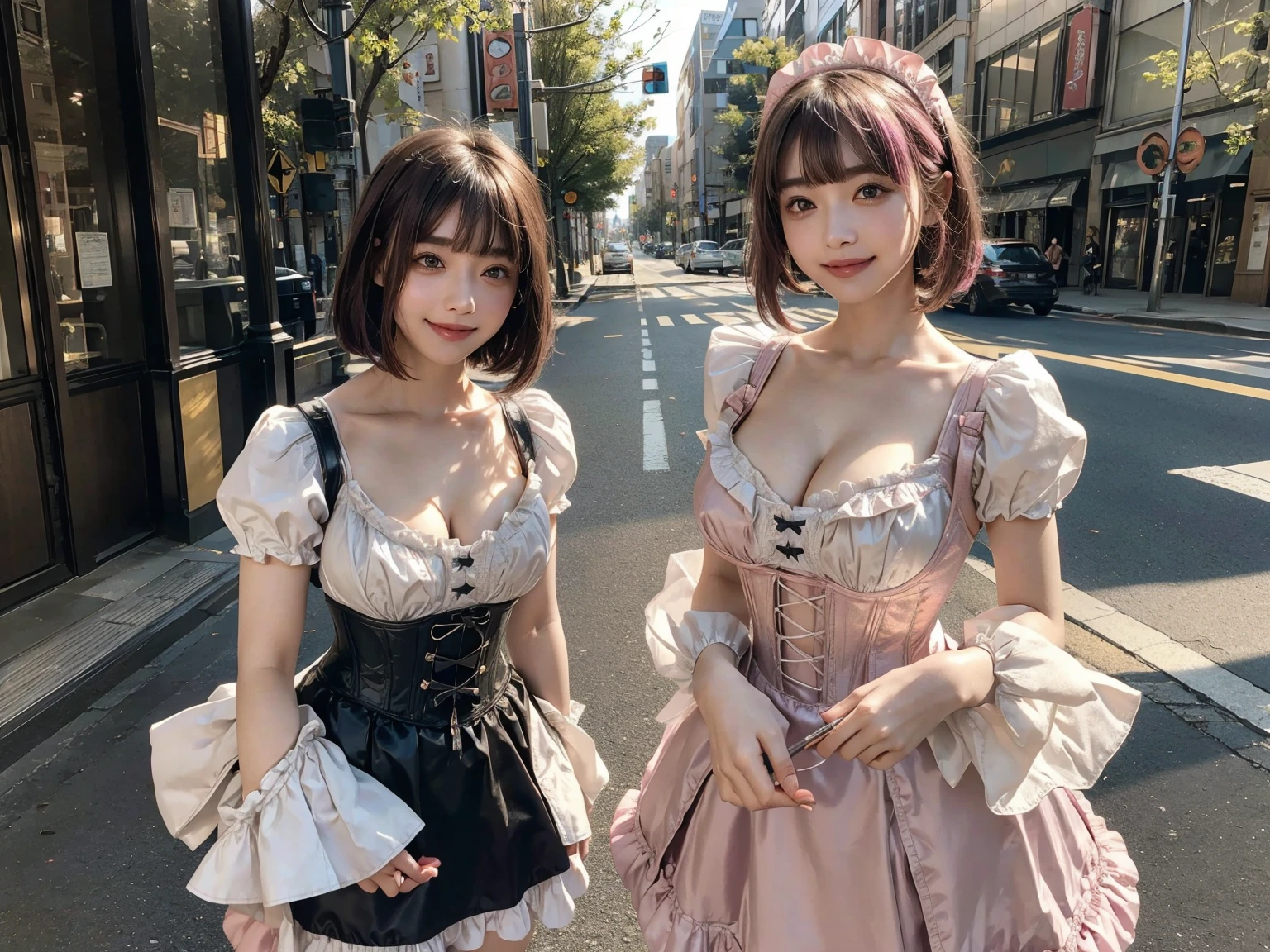 1 girl, solo, (short hair), japanese idol, perfect figure, beautiful eyes double eyelids, gothic lolita fashion, 26 years old, downtown like Harajuku, broad smile, upper body, blow a wind, slim body, hands behind back