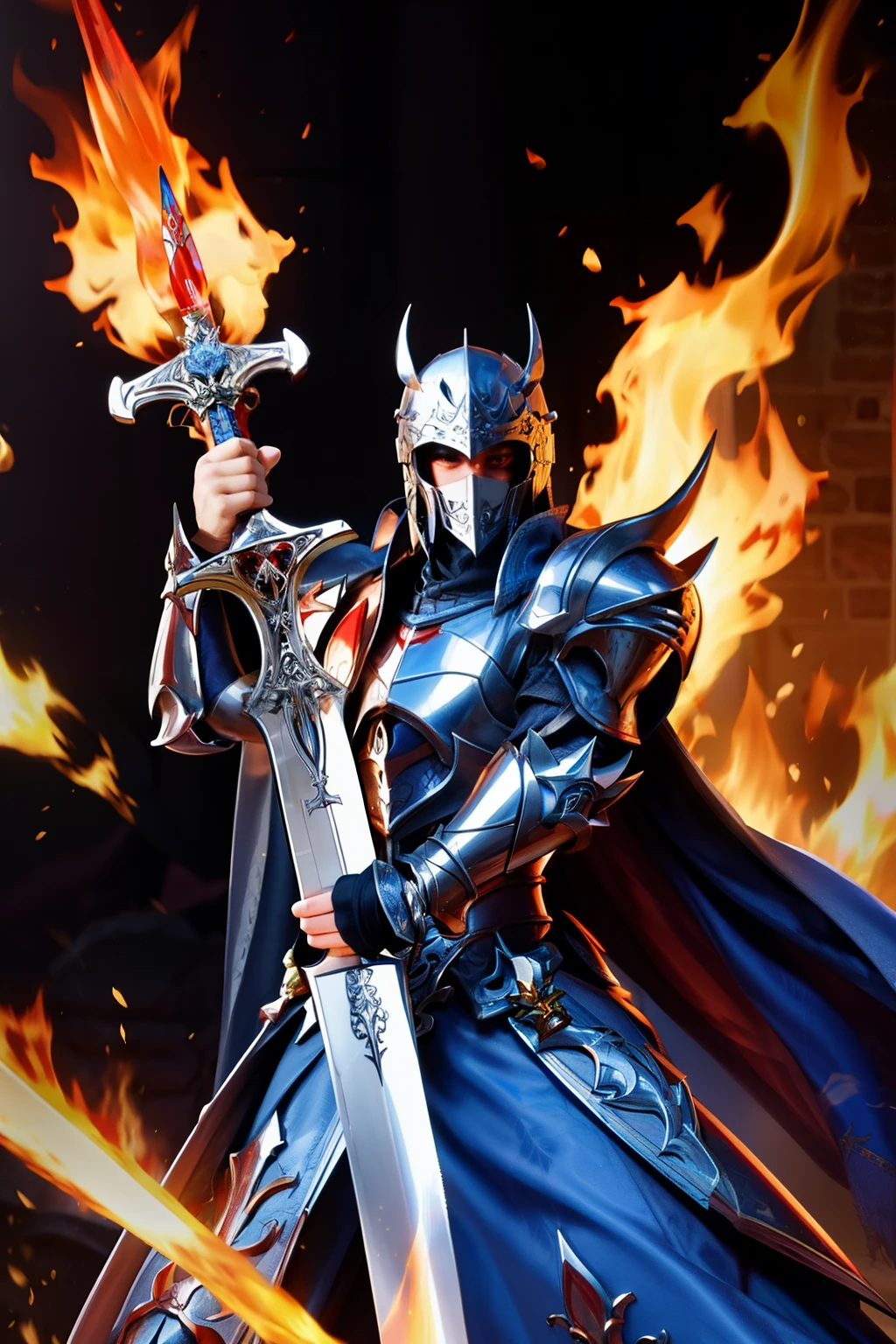 holy knight,bastard sword,fire,magic,blue,dark