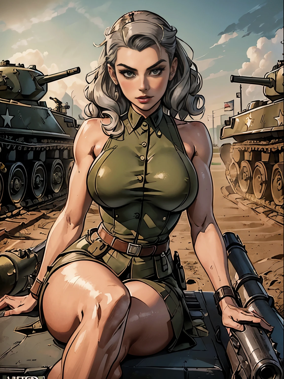 (masterpiece, top quality, best quality, official art, beautiful and aesthetic:1.2), (1girl:1.3), (gray hair victory curls), vintage 1940's American hairstyle, extremely detailed, portrait, looking at viewer, solo, (full body:0.6), detailed background, close up, vintage makeup, retro style, (warm summer military base theme:1.1), pinup girl, elegant face, long face, charlatan, smirk, mysterious, posing on top of a tank, ((riding the gun, barrel of the tank between her legs)), (((sitting on top of the gun barrel))), (((straddling the barrel of the tank))), patriotic costume, high heels, legs, M4 Sherman tank, WWII tank, armored version vehicle,, (((( medium, breast )))), toned, slim waist, slim hips, long legs, muscular legs, historical (WW2 army base exterior:1.1) background, dark mysterious lighting, shadows, magical atmosphere, dutch angle