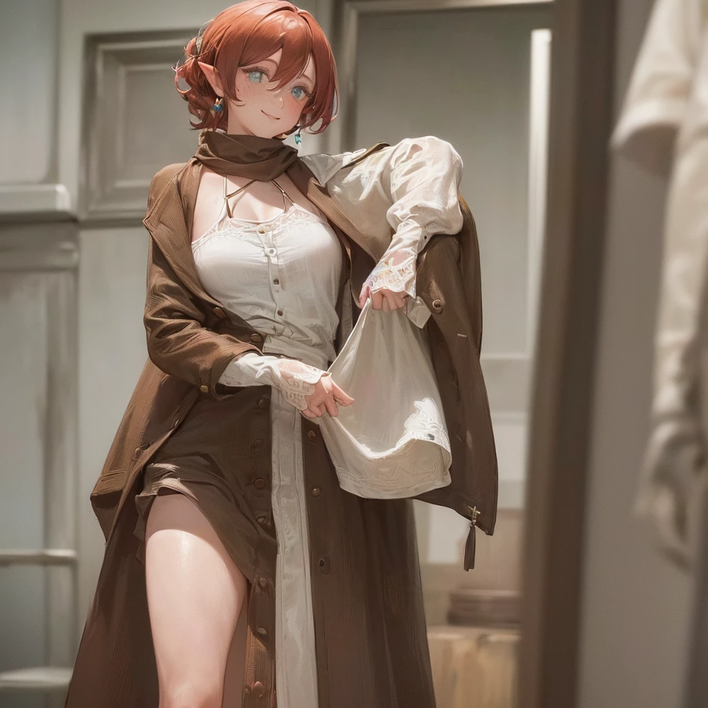 ((Masterpiece: 1.5, best quality, high resolution: 1.3, super resolution, super detailed, ultra detailed: 1.3, rich background: 1.2, Perfect Anatomy:1.5, 1 woman) tanned skin + strawberry hair + short curly hair + eyes light blue + female figure + freckles on her nose + elf ears (medieval dress, scarf going down her elbows, visible shoulders and necks, necklace with a gem) ((open eyes, smile, background of a forest, friendly environment)) ( (colors for clothing: brown, light blue, white, cream)