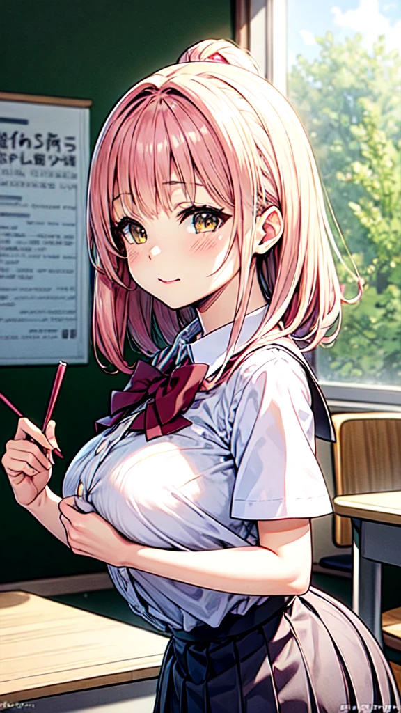 masterpiece, Highest quality, High resolution,(throw_hand grabbing chest),,One girl, One boy,Age difference,bow tie,Blonde,chest,Long Hair,Pink Hair,pleated skirt,Tucked in shirt,short hair,skirt,smile,Tent shirt,amusement_garden
