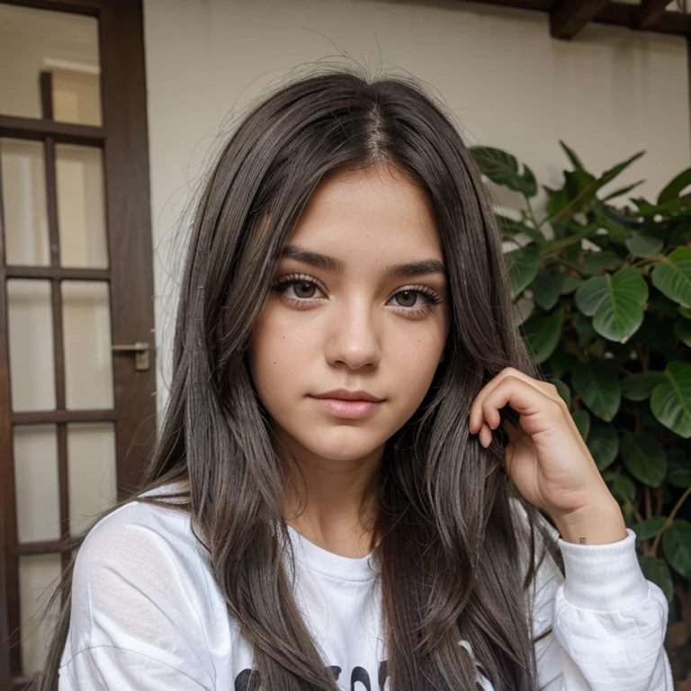 Chica joven de cabello gris y ojos negros delgada