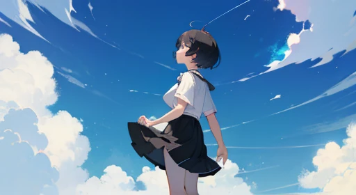 girl、whole body、shortcut、white short sleeve shirt、skirt、white socks、black shoes、Upright and immobile、looking up at the sky