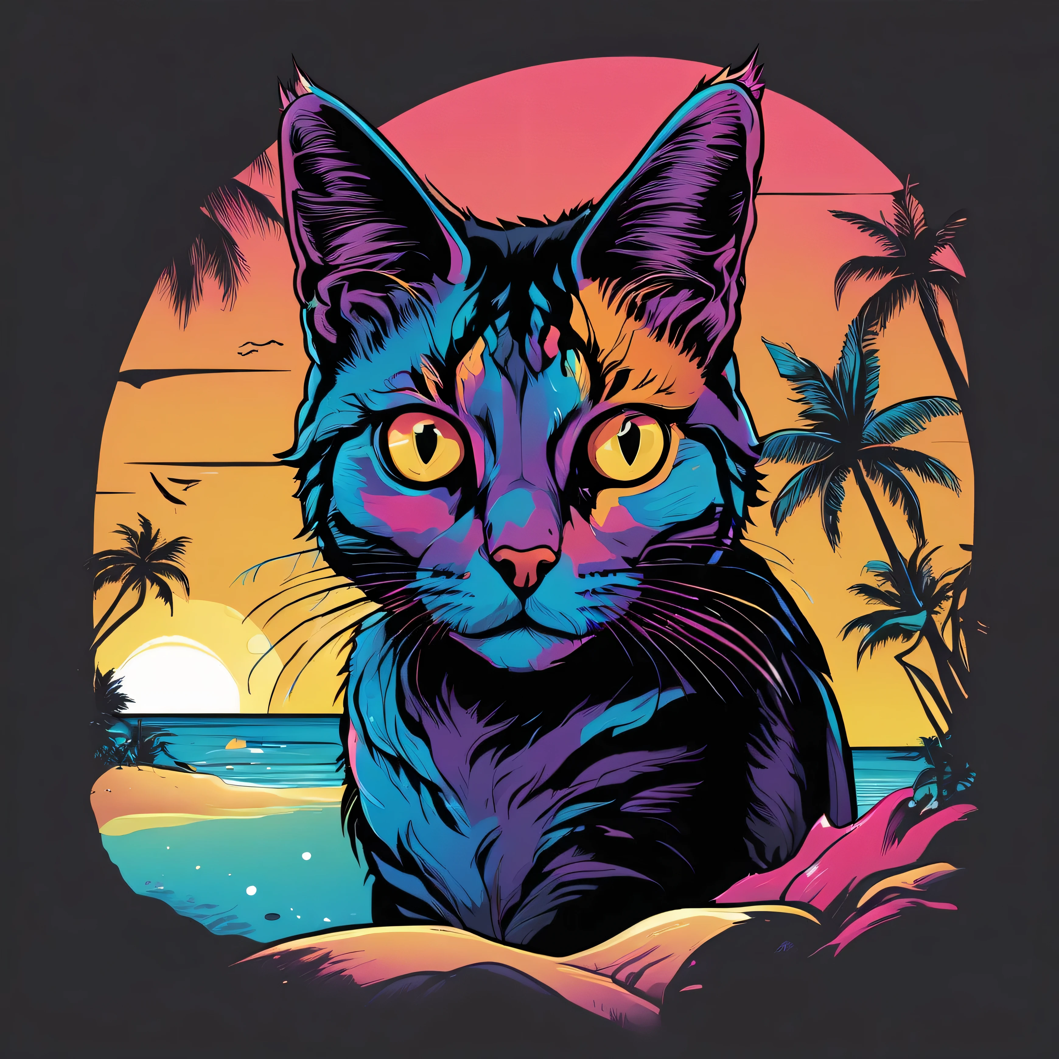 Camiseta ilustrada, Caprichoso personaje de gato, Paisaje de Sunset Beach, Paleta de colores tropicales, Textura de la tela, lineal en negrita, dynamic perspective , ,t-shirt design,T-shirtDesignAF, jen bartel, sicodelico arte