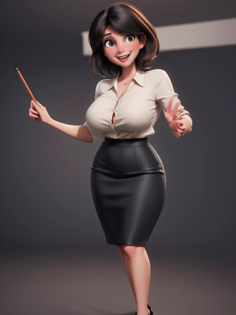 Young in innocent girl, masterpiece, (solo:1.1), sexy, office, heels, pencil skirt, brunette, black hair, perfect beautiful face, big candid smile, open mouth.