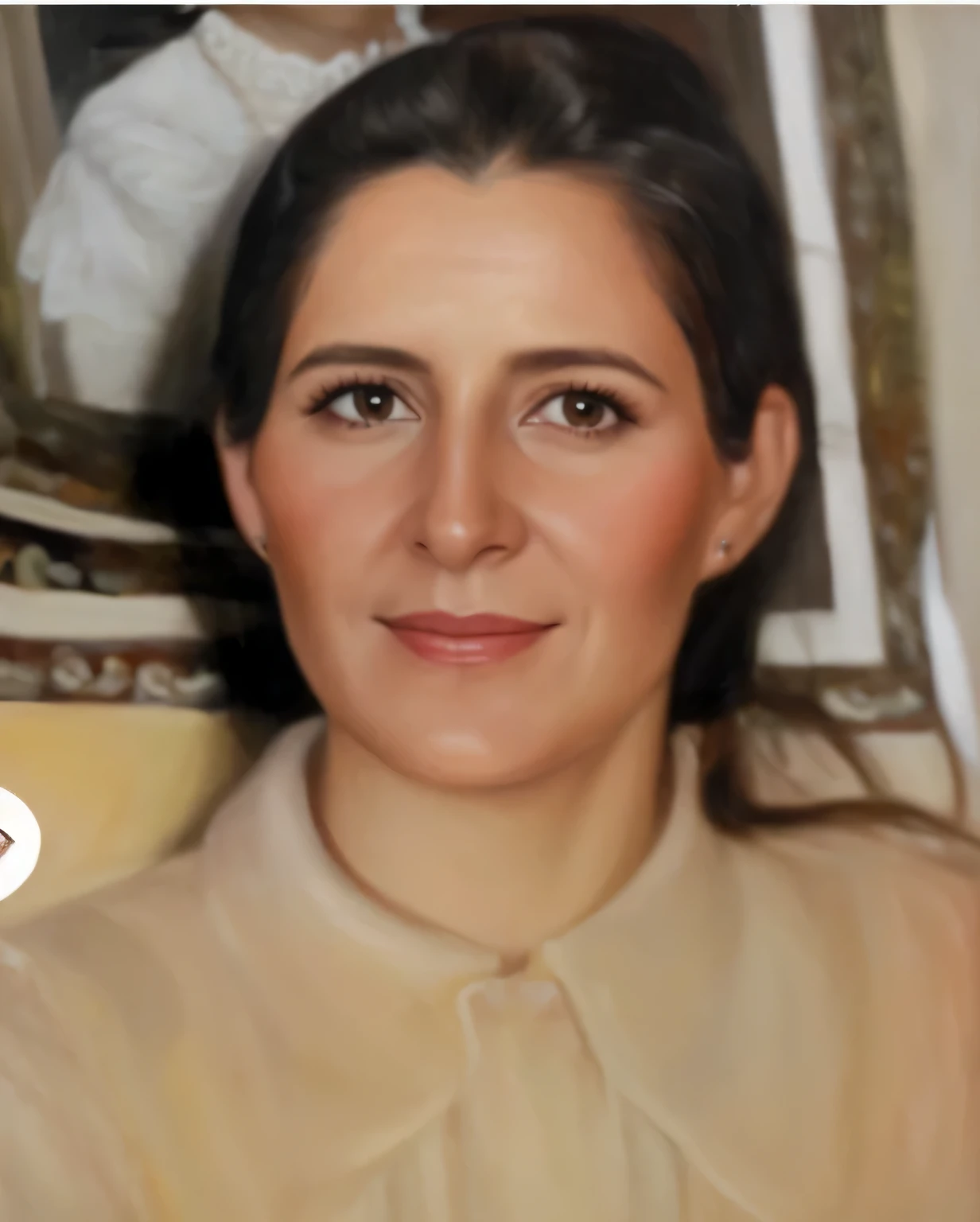 Arafed foto de una mujer con un vestido floreado y un collar, Retrato en color, inspired by Anna Füssli, in an oil painting style, Una foto coloreada, Retrato detallado en color, Retrato de estudio en color, Retrato al estilo de Craola, Se parece a Ebru Sahin, Foto de retrato realista, Foto coloreada, transformation portrait, Retrato detallado