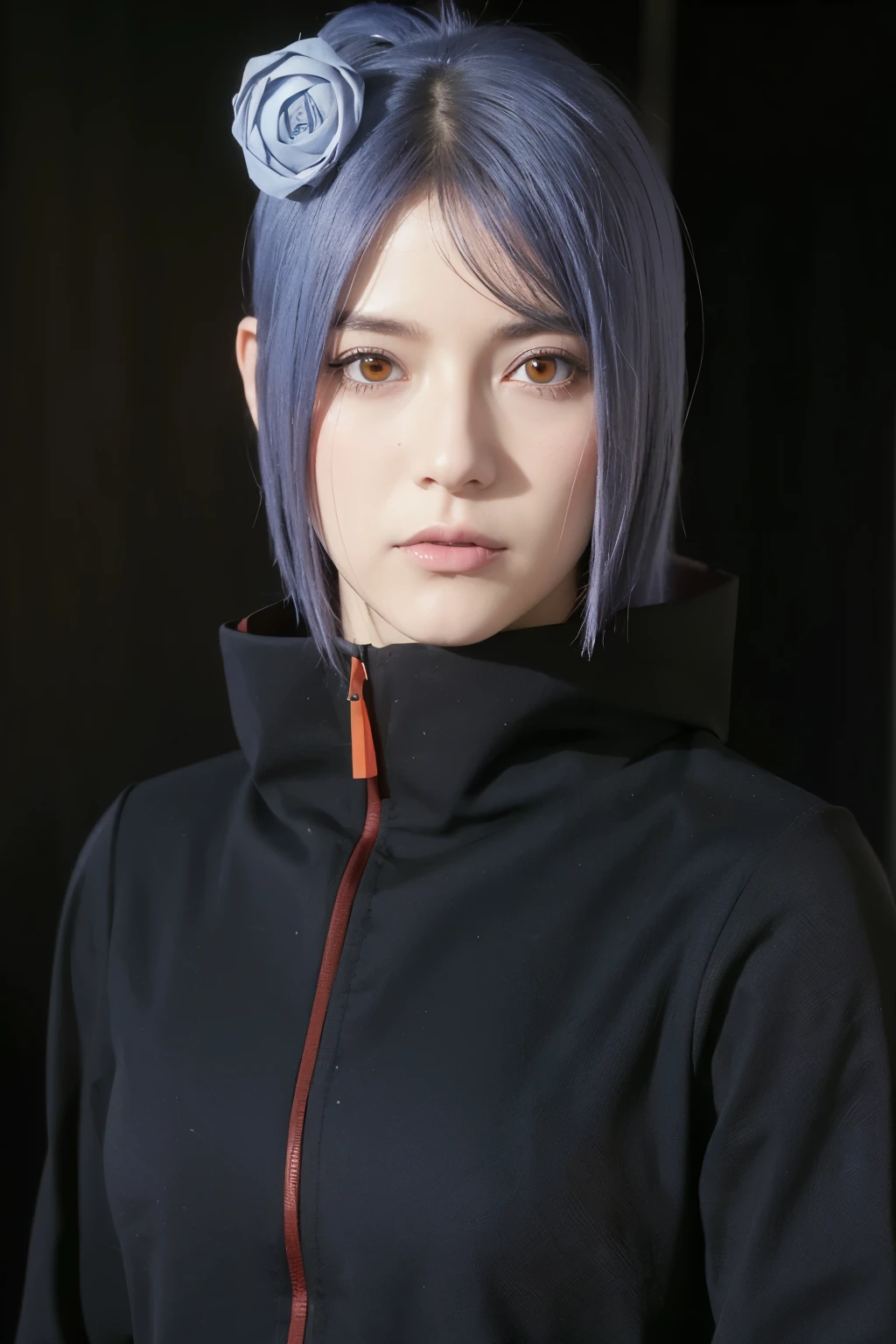 dark blue sky, many flying papers, 1 girl, ultra realistic, high res, highly detail, masterpiece, best quality, Konan of Naruto, close shot, looking at viewer, flying in the sky, sky background, konan, short hair, hair ornament, blue hair, flower, hair flower, (orange eyes:1.2), (labret piercing:1.2), eyeshadow,coat, cloak, black coat, black cloak, (akatsuki uniform:1.5), akatsuki \(naruto\), long face, oval face, 35 year old adult face