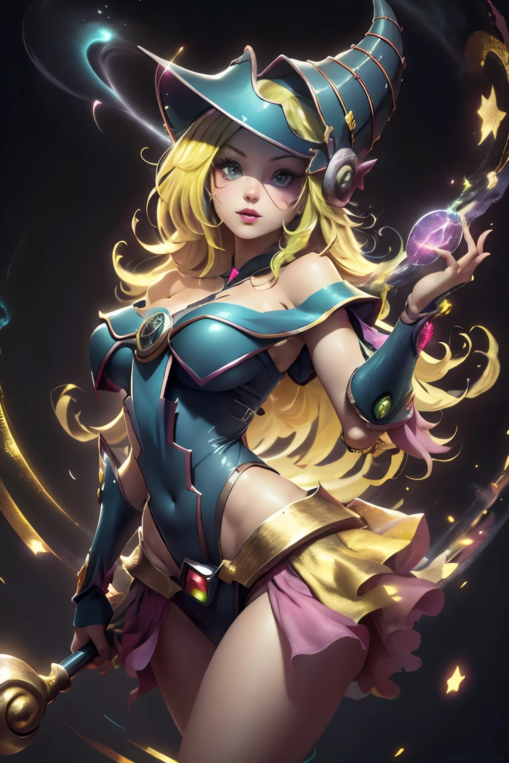(8K,fotorrealista raw photography the highest quality;1.4) (1chica en) Super belleza (cara realista) cuerpo femenino (Rubia de rizos largos) Hold a black and red magic wand Escena de combate Magic hat with black and gold exterior Beautiful expression Deslumbramiento (Piel de aspecto real) (Giles magos oscuros) tentador super high resolution Un hiperrealista Alto detalle foto de cuerpo completo restos