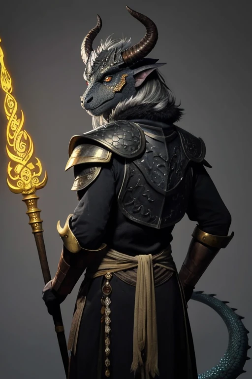 The best image of a mage dragonborn with black scales, the face of a dragon, gray hair, golden eyes, large horns in the backhead, a long tail, who looks like a humanoid dragon, with a staff