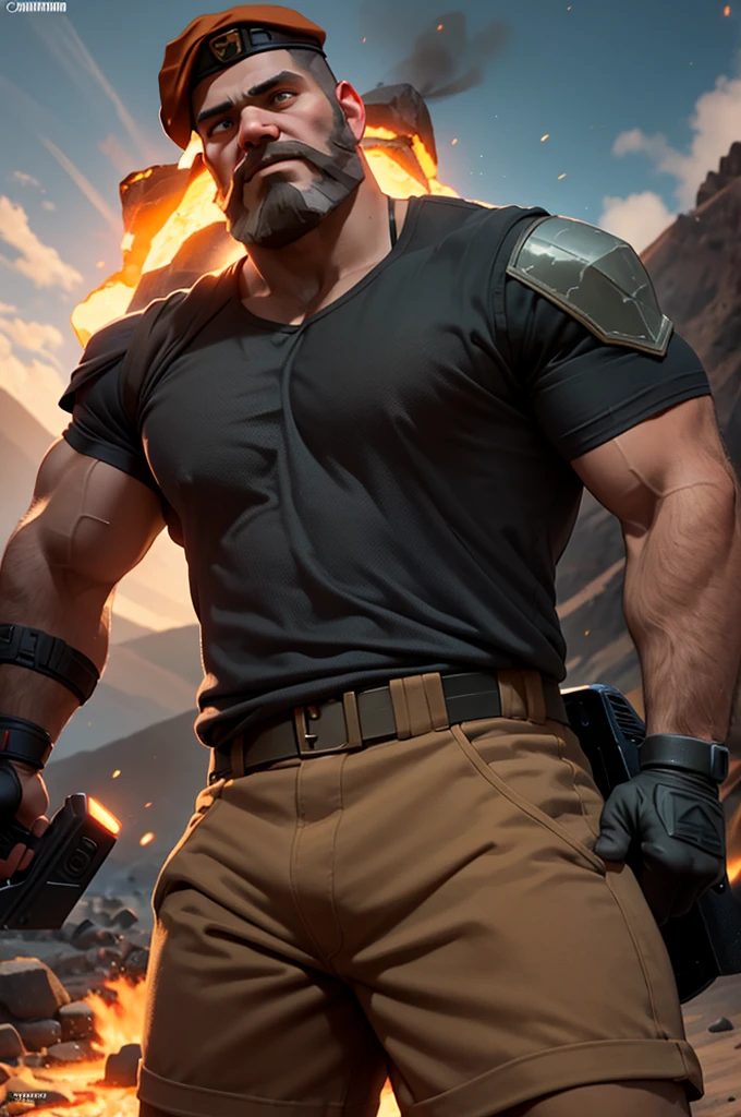 Brimstone, Brimstone /(Valorant/), realistic, best quality, male focus, 1boy, looking at viewer, masterpiece, beard, facial hair, volumetric lighting, volcano background, no shirt