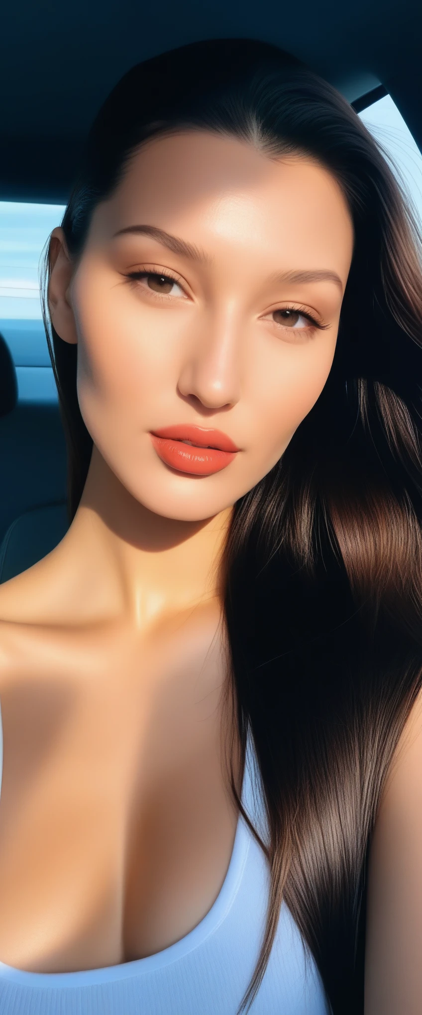 selfie 9: 16 de , rosto foto 16 anos de idade, com longos cabelos escuros sentada em um carro, Sophie Mudd, video tiktok, Bella Poarca, Anna Nikonova aka Newmilky, Violeta Myers, ela tem dentes brancos perfeitos, sentada no carro dela, modelo do instagram, Bella Hadid, resolution, iphone cell phone recording, tamanho 9:16, filtro de tiktok, efeito de gravacao de celular, perpectiva de baixo pra cima, motion blur, sparkle, 16k, atmospheric perspective, texture skin, high quality,, efeito de camera de celular, realista