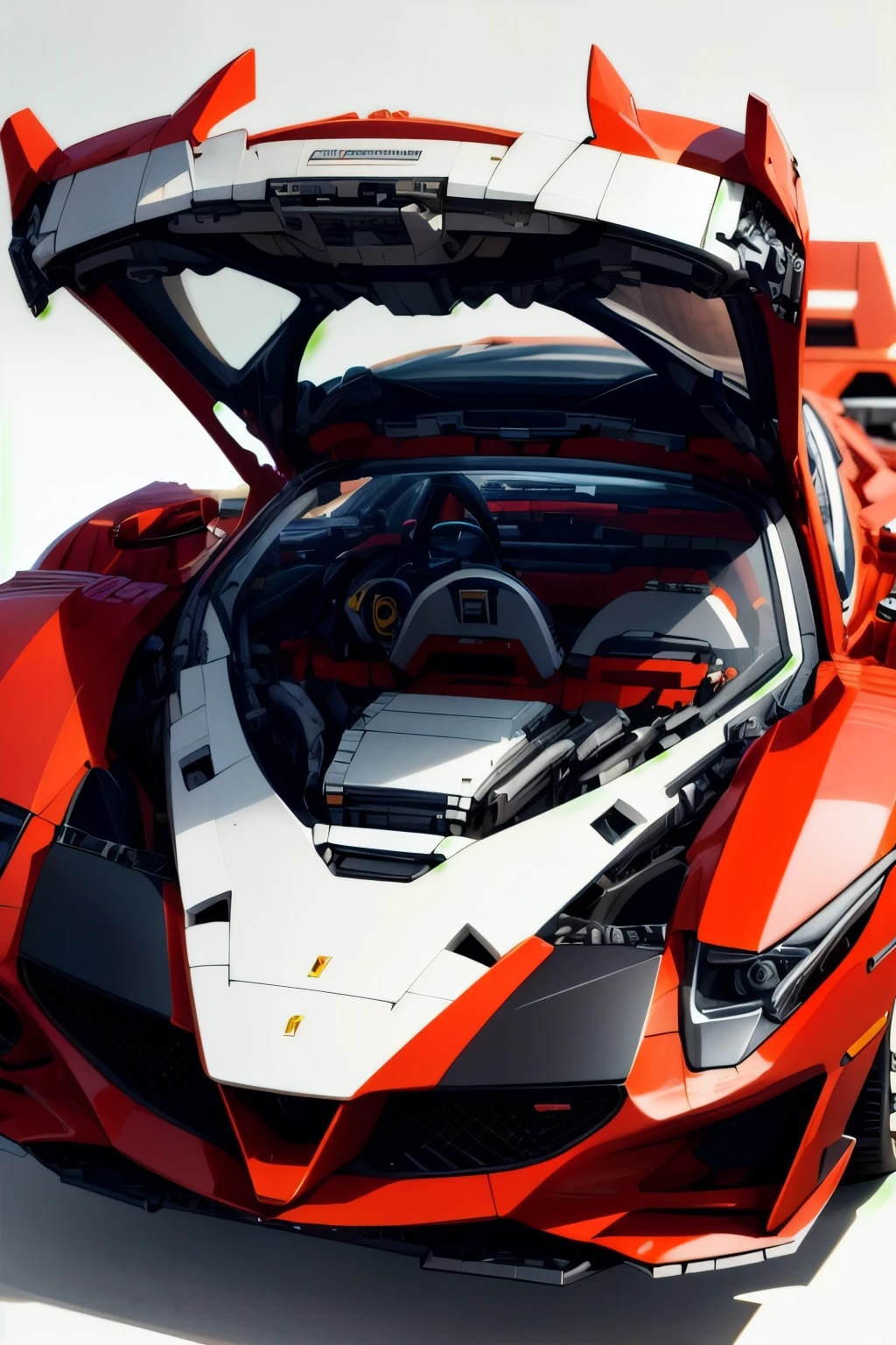 BJ_Lego bricks, no_humans, ground_vehicle, motor_vehicle, science_fiction, vehicle_focus, cinematic lighting,strong contrast,high level of detail,Best quality,masterpiece,White background, Lego car, Ferrari Roma, Ferrari La Ferrari