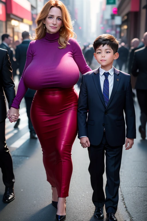 A 35 years old woman, walking in the city, ((a 8-years old boy holding her hand)), the woman has a face like Julia Roberts, wearing a bright colored knitted turtleneck top, business trousers, high heels, ((huge saggy breast)), (very slim waist), wide hips, (full person view, from head to toe), the woman is smiling to the 8-years old boy