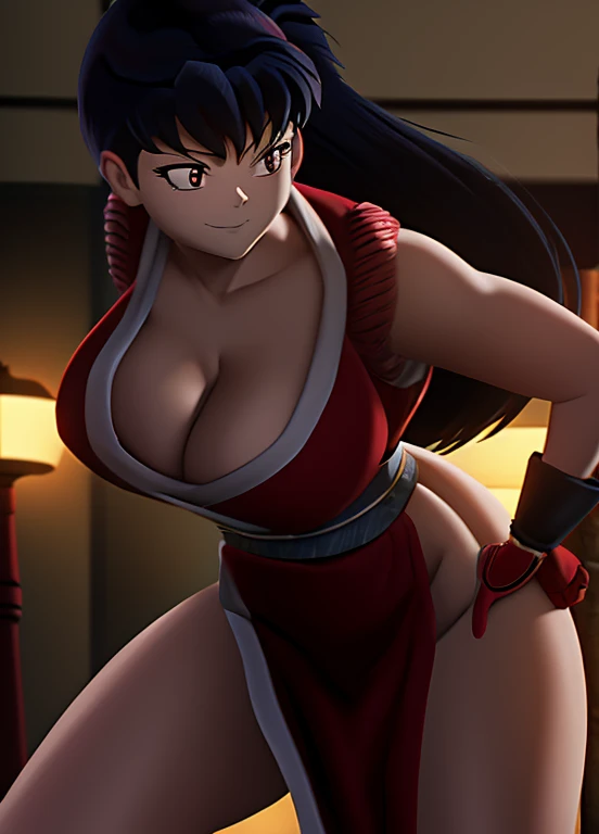 masterpiece, best quality, Kagome Higurashi, 25 years old, large breasts, cleavage, very busty, big hips, She stands tall while wearing a red Kunoichi dress, pelvic curtain, arm guards and gloves. she's looking directly at the camera with an confident smirk. Her gaze is both alluring and fierce. Perfect Anatomy,(Professional Lighting), 4k textures, raw photo, epic artistic, photoreal art, sharp focus, even lighting, insane details, intricate details, hyperdetailed, rich colors