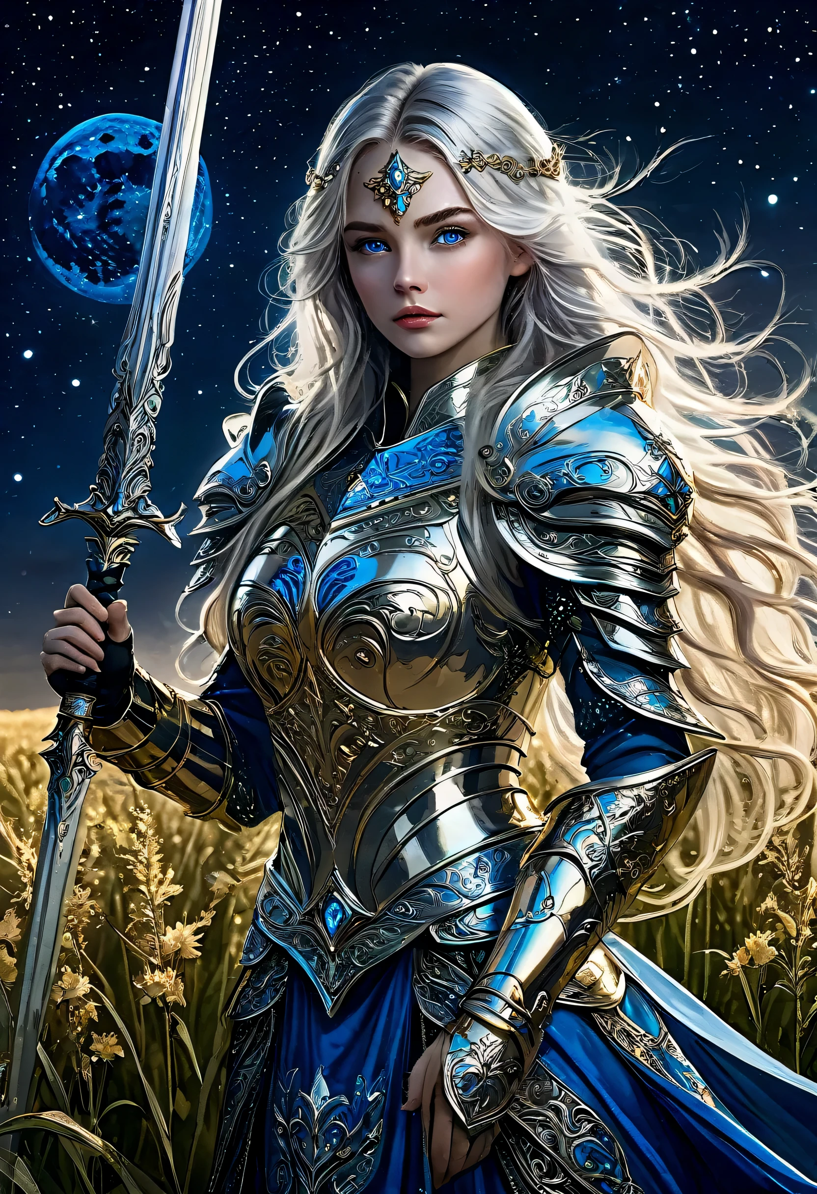 1girl, solo, masterpiece, high quality, full length, paladin, fantasy, blonde hair, medieval armour, angelic, blue eyes, midriff, legs, perfect body, perfect face, 