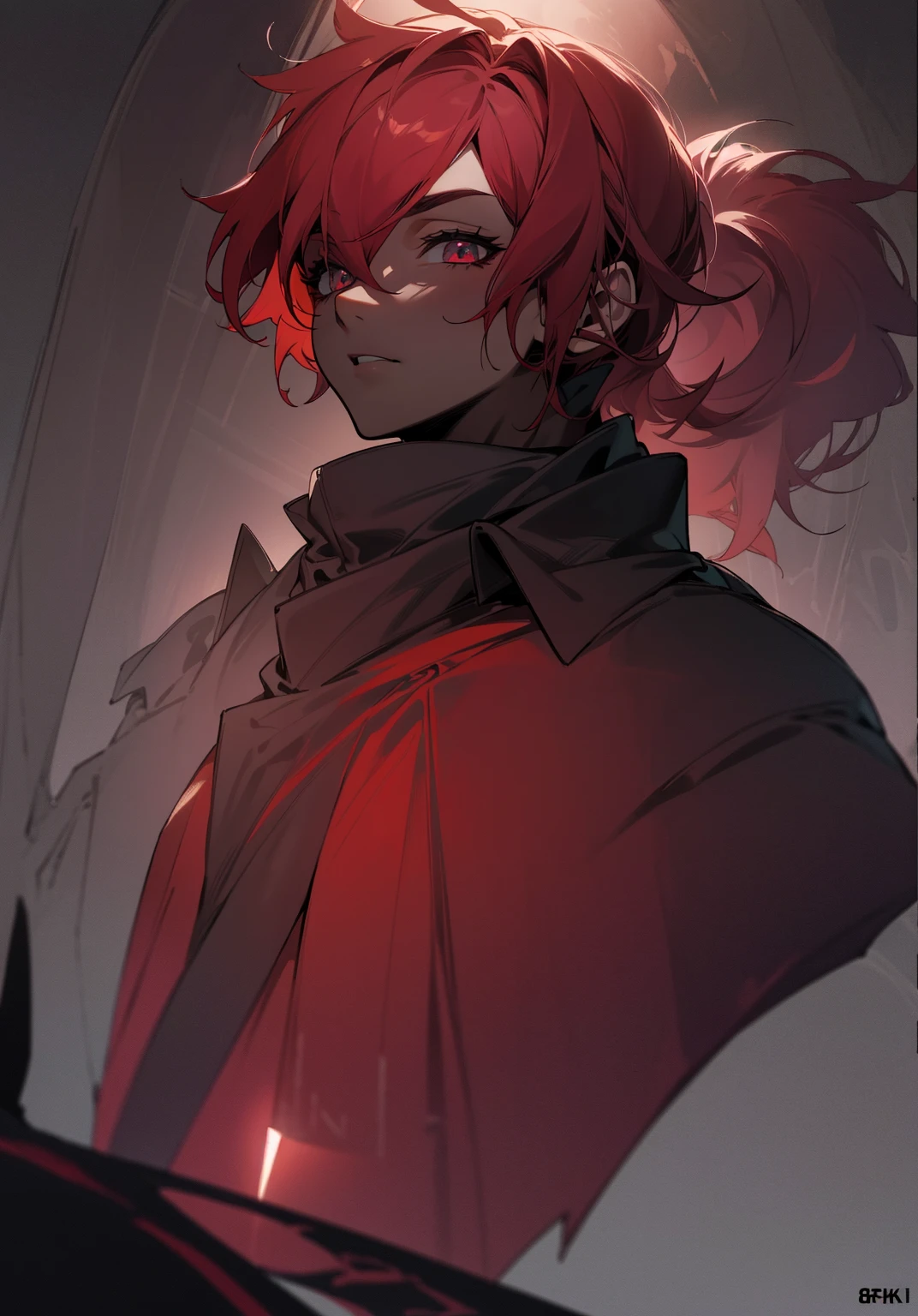 (a boy with darkened red hair, blindfolded eyes, highly detailed, emitting a dark aura, dressed in a black cloak, Anime boy, high quality, 8k)
(best quality, 8k, ultra-detailed, realistic:1.37), dark atmosphere, black background, intense shading, vibrant colors, intricate character design, dynamic pose, flowing red hair,blindfolded, striking facial features, brooding expression, mysterious aura, impeccable linework, meticulous attention to detail, anime-style rendering, dramatic lighting, atmospheric shadows, cinematic composition, intense emotions, epic scale, Olhos vendados, blindfolded