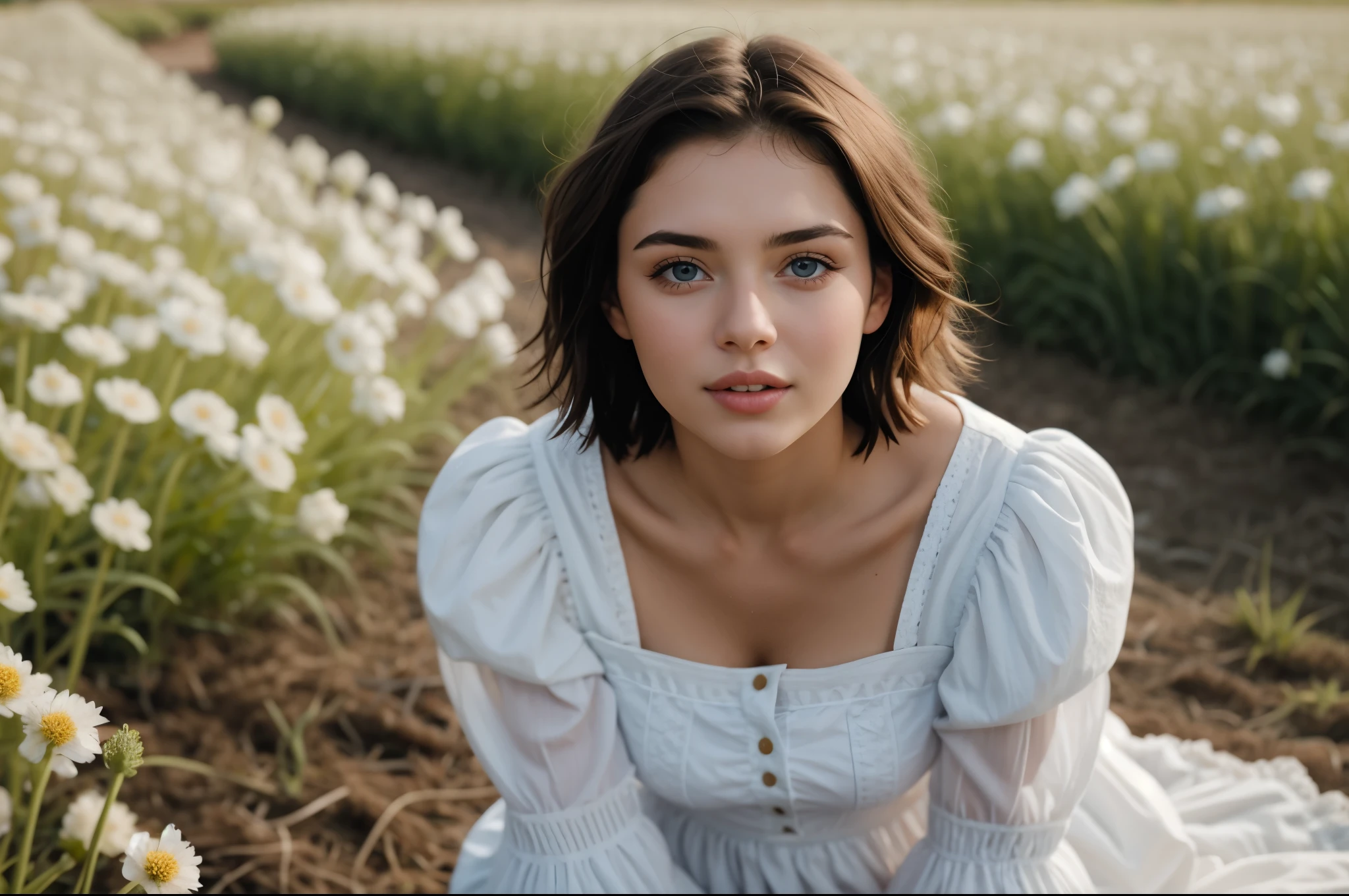 una mujer sentada en un campo de flores blancas con ojos azules, Retrato de Sophie Mudd, mujer joven infp, mujer hermosa, girl sitting in a field of flowers, foto de una mujer hermosa, inspired by Louisa Matthíasdóttir, muchacha atractiva, anastasia ovchinnikova, portrait of girl in flower field, retrato perfectamente centrado