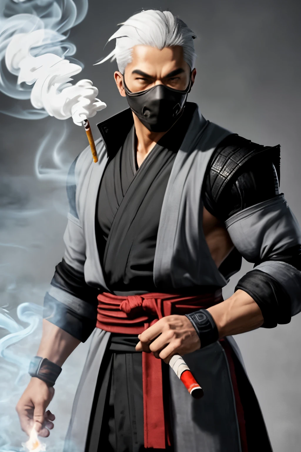 A gray ninja of smoke, smoke coming off his garment, smoking gray and white hair,  ninja garment of  enenra, smoke powers , mortal Kombat engineer 
