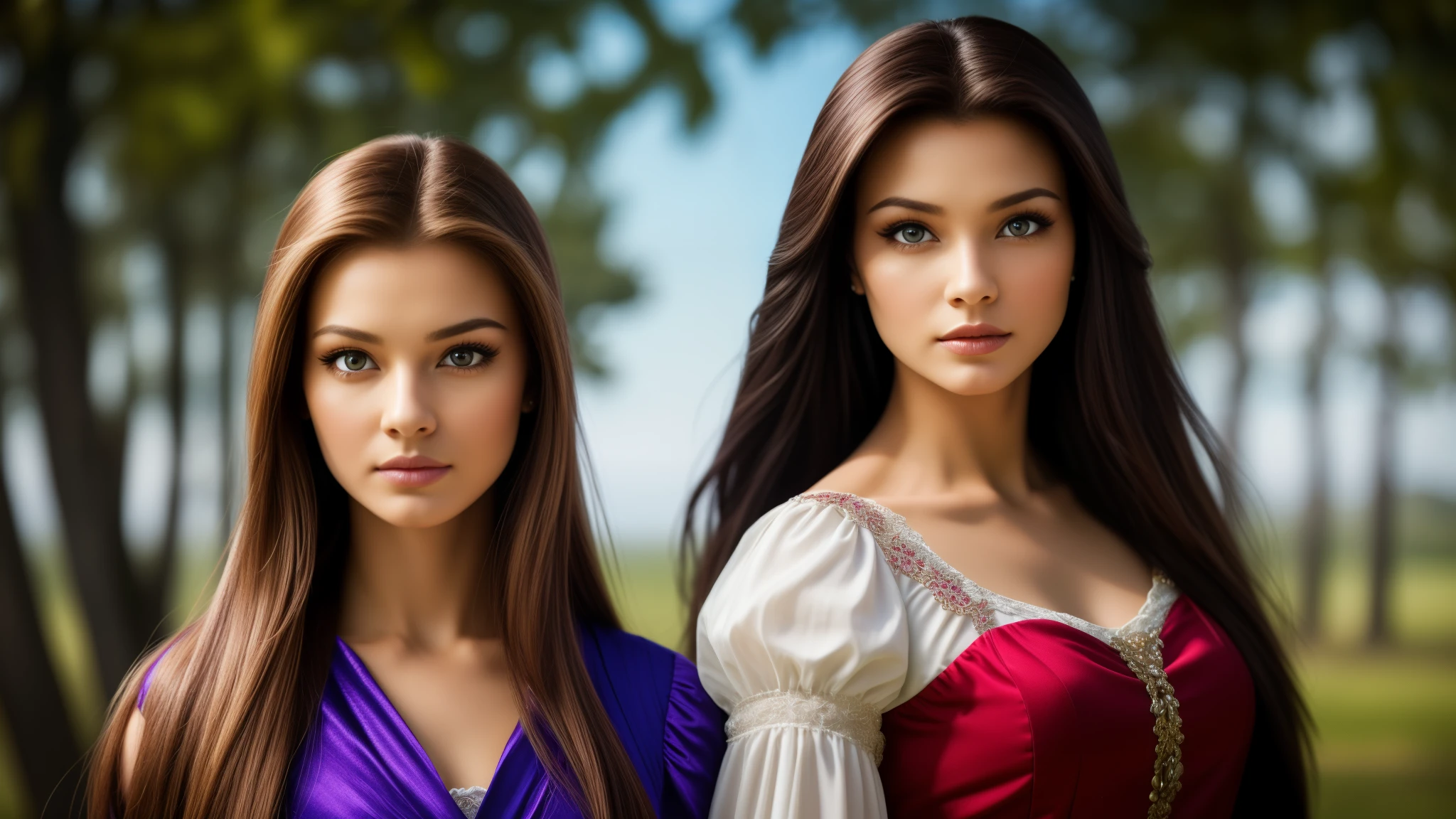 masterpiece,best qualtiy,hdr, hyper HD, 8K,Bokeh,Ultra-fine painting,Sharp focus,Physically-based rendering,Extreme detail description,full-body photo, perfect eyes, perfect hands, perfect body, perfect hair, (EOS R8, 50 millimeters, F1.2, 8K, RAW photo:1.2), photograph by arny freytag, rapunzel and pocahontas posing