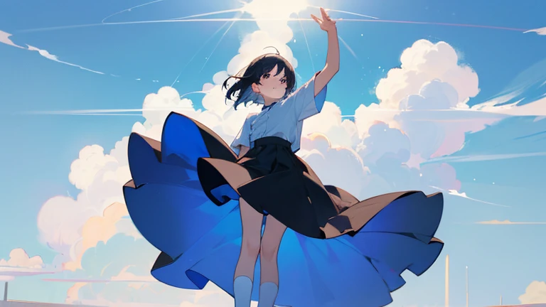 girl、whole body、shortcut、white short sleeve shirt、skirt、white socks、black shoes、Upright and immobile、looking up at the sky