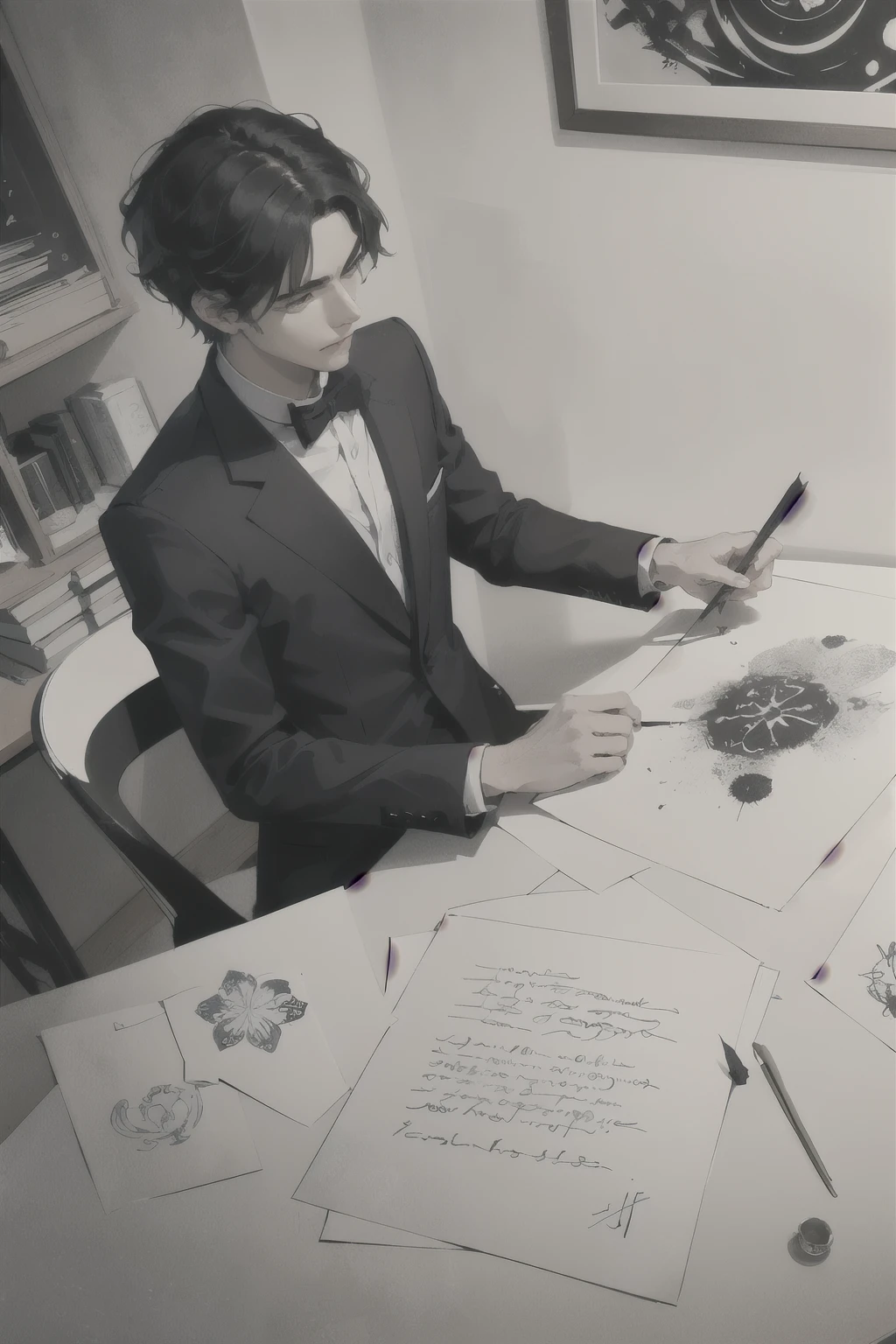 absurdres, highres, ultra detailed, (1 concentrated and serious looking young man getting out of calligraphy paper :1.3),
BREAK
, Design an image featuring beautiful calligraphy, with expressive lettering, elegant flourishes, and a sense of craftsmanship and skill.
