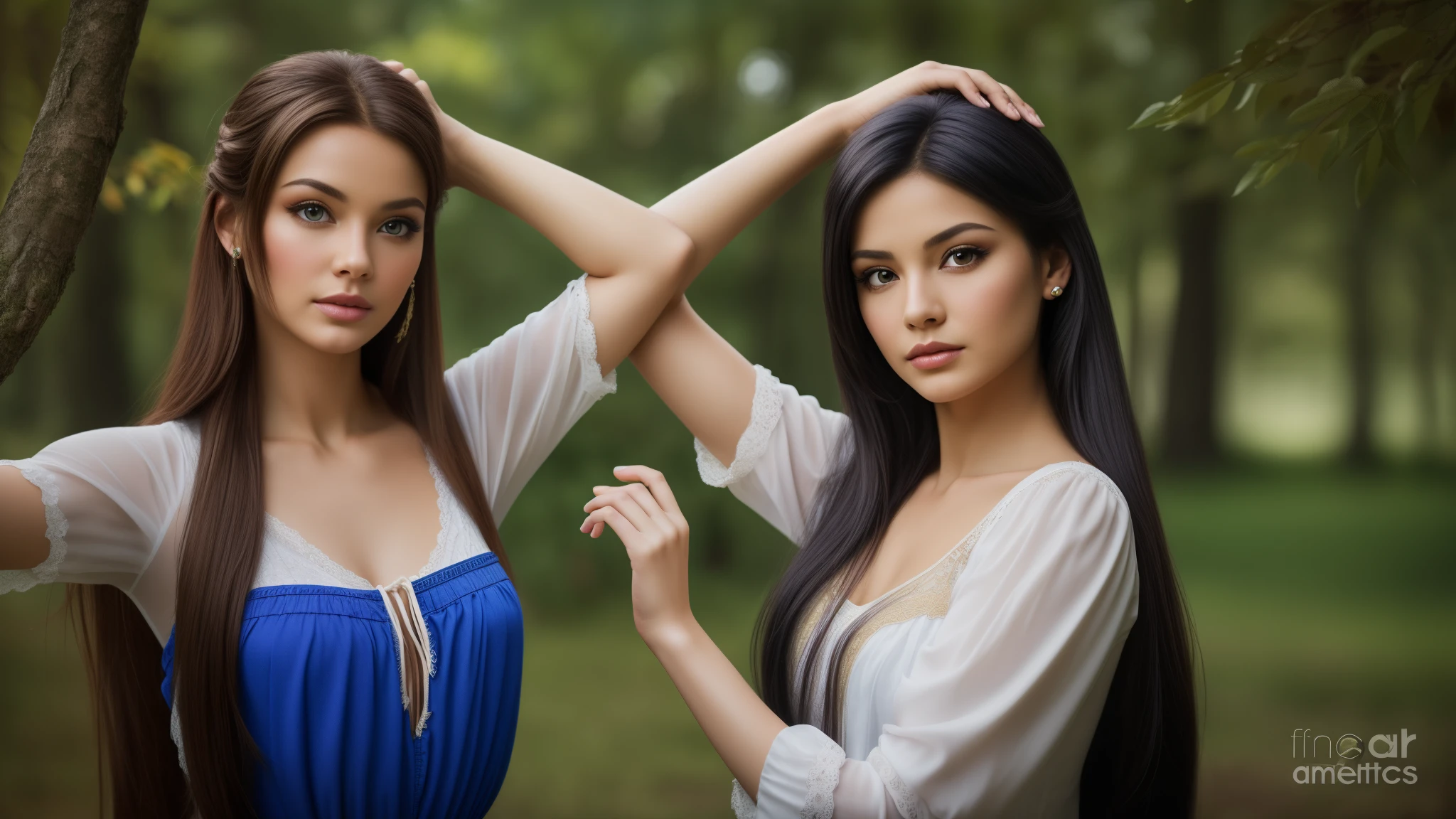 masterpiece,best qualtiy,hdr, hyper HD, 8K,Bokeh,Ultra-fine painting,Sharp focus,Physically-based rendering,Extreme detail description,full-body photo, perfect eyes, perfect hands, perfect body, perfect hair, (EOS R8, 50 millimeters, F1.2, 8K, RAW photo:1.2), photograph by arny freytag, rapunzel and pocahontas posing