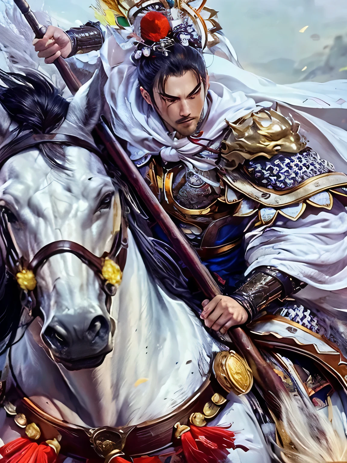 8K, original photo, Best quality, (masterpiece:1.2), (actual:1.3), (photoactual:1.3), Super detailed, (High detail skin:1.2), soft light, film grain, Fuji XT3, Handsome,OK,whole body,1 boy,armor,(((symmetry))),single hair OK,,hair crown,A man riding a horse, zhao yun, inspired by Guan Daosheng, author:Yang Jie, horse warrior, author:Yang Borun, xianxia hero, feng shu, Inspired by Huang Shen, Inspired by Zhao Yuan, Inspired by Guo Chun, by Li Zai, Inspired by Fan Kuan,White Cloak,Cloak,holding spear with both hands,spear,white horse,armor,,(((symmetry ))),White clothes