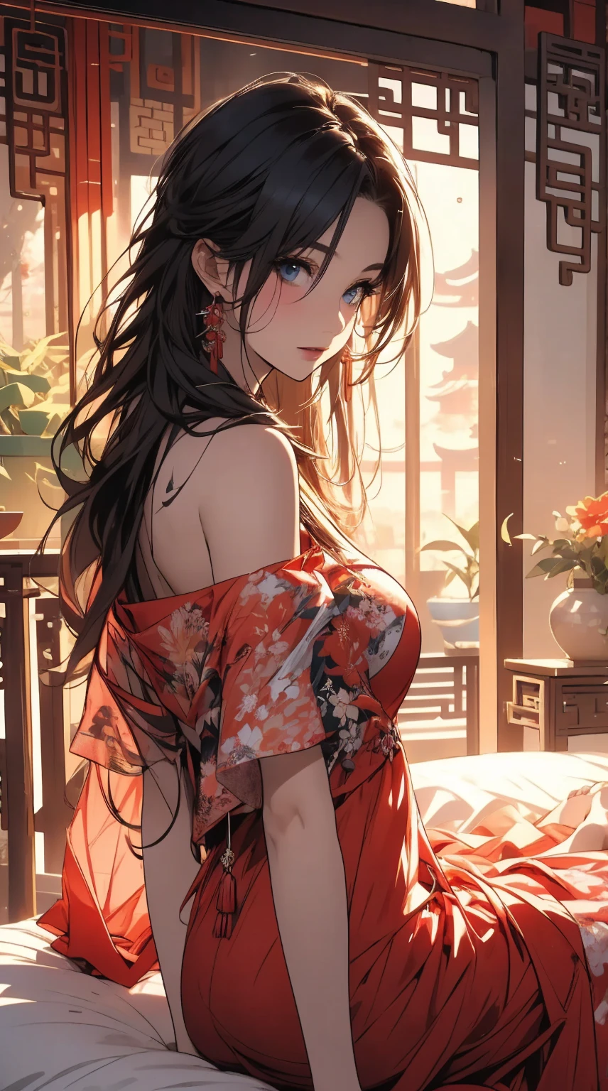 masterpiece,8k,high quality,full body:1.7,clean blue eyes,open red mouth,red tiek,Very calm and gentle expression,many sparking picture,,silky white wet skin,open mouth,biggest large brest,tight west,very sparking pink clothes,a woman in a pink sparking chinese dress sitting on a bed,Sheer off-the-shoulder peach lace chinese princess tulle dress,an anime drawing, by Yang J, fantasy art,red bra, render of a cute 3d anime chinese girl, artgerm and william bouguereau,long wavy shyny black pink hair,nightcore, beautiful detailed body and face, beautiful avatar pictures, high quality detailed anime,chinese sexy lady,wide angle landscape view:1.6,chinese gorgeous bedroom,