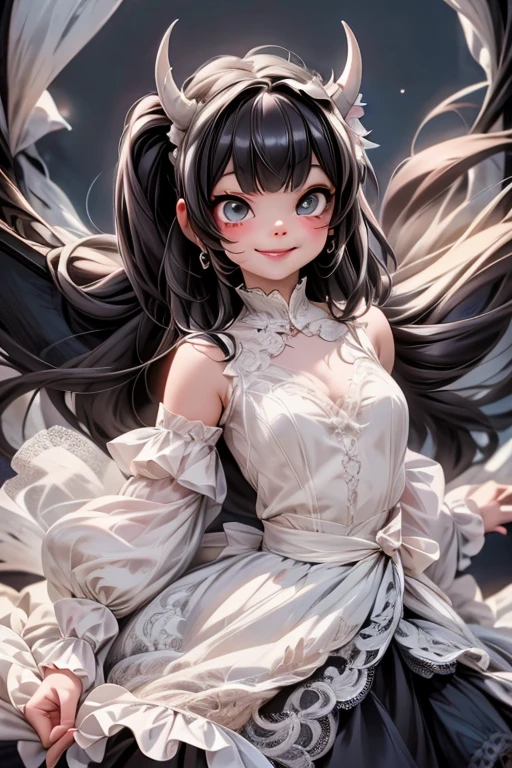 a cute demon girl smiling floating in the air, lace cloth gothic dress, at night, playful pose of a dancer, creepy, horror style