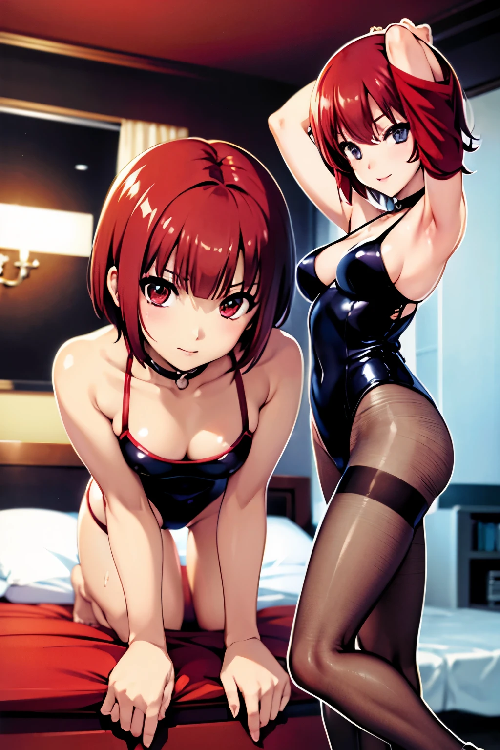 Rio, Super Blackjack、red hair、short hair、Swimsuit、pantyhose、Photo from below、medium chest、Bedroom、transparent swimsuit