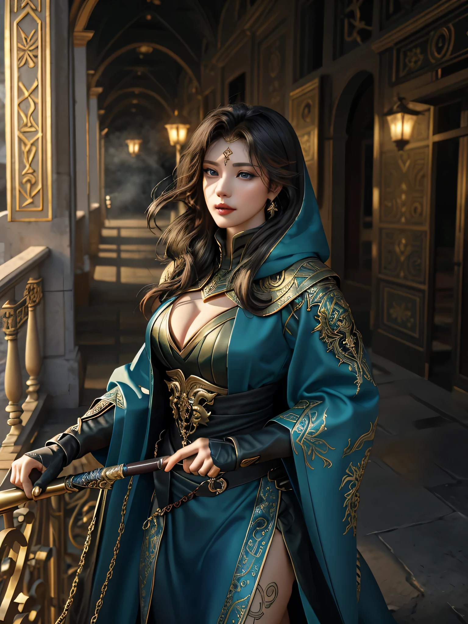 Create an image of Princess Adanna overseeing her kingdom from a balcony of the palace. The kingdom should be thriving, with smiling faces and bustling markets below. Show vibrant colors, diverse characters, and signs of prosperity throughout the scene.The palace should be grand and inviting, with light spilling out from within(best quality,4k,high-res,masterpiece:1.2),physically-based rendering,ultra-detailed,realistic,vivid colors,sharp focus,studio lighting,HDR,bokeh,Kassandra,Cassandra,Alexios,Greece,ancient Greece,fantasy,action-adventure game,mythology,fierce warrior,assassin,creed,lethal,stealthy,confident,beautiful,dangerous,silent steps,leap of faith,hidden blade,hooded cloak,swirling mist,free-running,weaponry,dual-wielded daggers,intense stare,expression,seductive gaze,piercing eyes,mesmerizing,atlantic blue eyes,long eyelashes,luscious,plump lips,ruby red lips,prominent cheekbones,chiseled jawline,sculpted face,olive skin,bruises,battle scars,tattoos,body art,fit physique,toned muscles,exquisite curves,spellbinding,provocative attire,leather armor,exposed skin,sensual,alluring,steamy,erotic,unpredictability,powerful aura,dark background,shadowy setting,mysterious ambiance,soft candlelight,golden hour,moonlit night,starry sky,ominous moon,omnipotent presence,playful,temptress,deadly charm,legendary figure,heroine,empowered,defiant,mythical beauty,unstoppable force,unforgettable,embodying strength and allure.