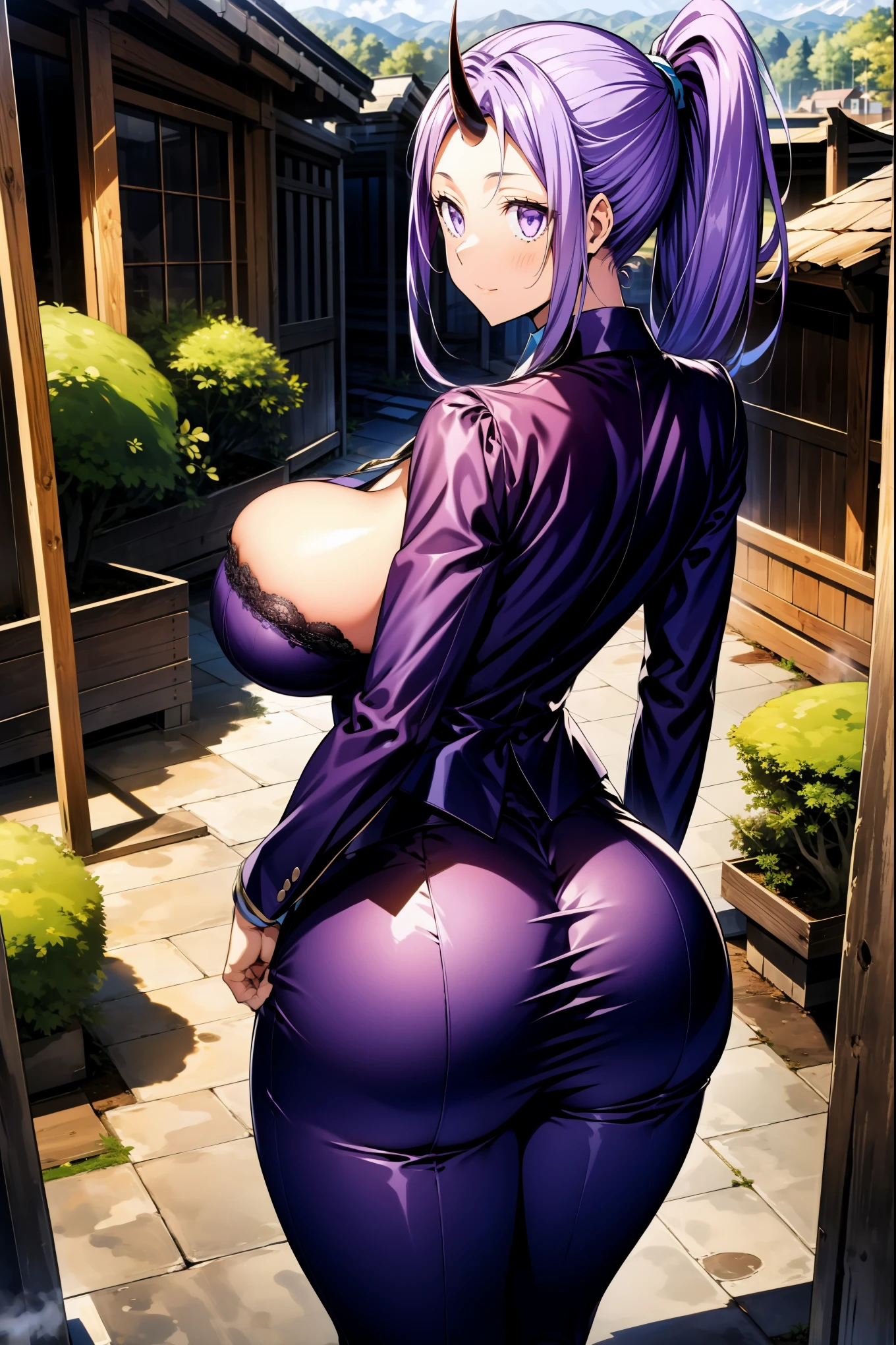 (masterpiece, best quality) ,(high resolution,weak outline),(textile shading) ,BREAK ((1girl, ShionTensuraNDV)), BREAK (breast cleavage), ((large breasts)), BREAK ((beautiful eyes, purple eyes)),  BREAK long hair, ((purple hair)), ((ponytail)), ((single horn)) BREAK ((stands on terrace)), ((pov, shot from the back)), BREAK ((outside, village, houses made of wood)), ((big ass:1.0)), 