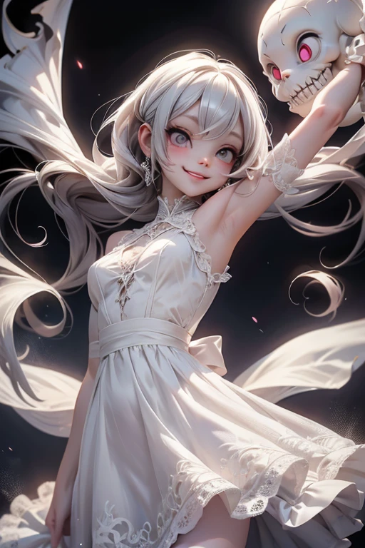 a cute demon girl smiling floating in the air, white pale skin, lace cloth gothic dress, at night, playful pose of a dancer, creepy, horror style