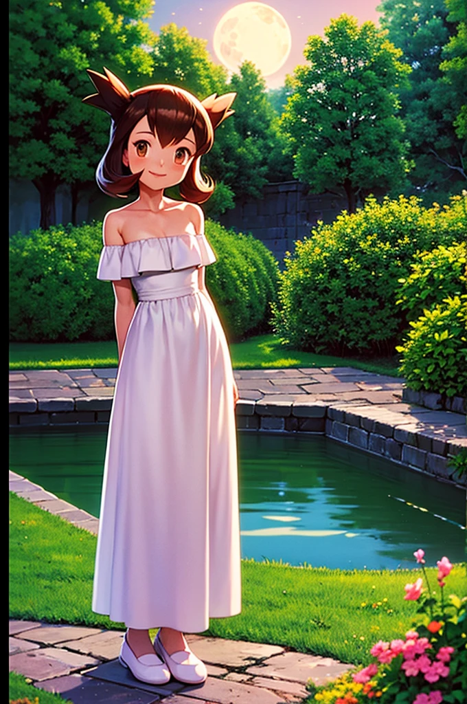 masterpiece, best quality, ultra-detailed, illustration, beautiful detailed eyes, very detailed illustration, cinematic lighting, 1 girl, solo, Pokemon Heroes (Bianca), Brown Hair, brown eyes, bare shoulders, strapless, off shoulders, white ruffle off the shoulder top, white maxi dress, intricate details, sharp focus, high resolution, the background of beautiful garden with a forest of flowers, on a beautiful night, full moon, smile, standing near a water pool on the bottom, arms behind back, white slippers, anime style, ultra-detailed, hdr, far at the bottom, in the center, Close up