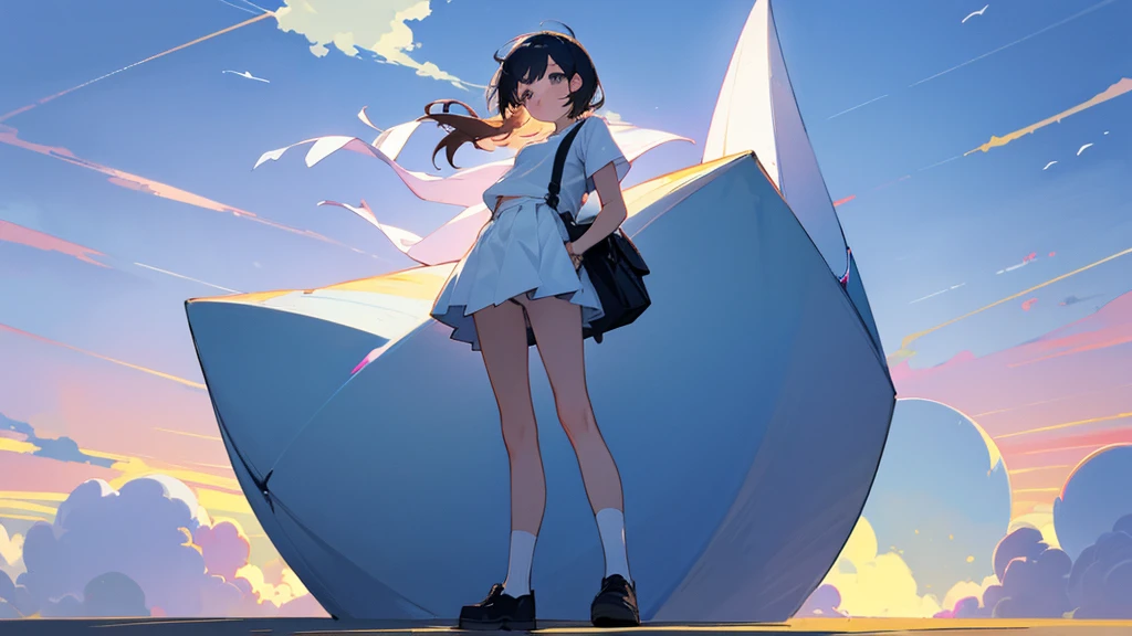 beautiful girl、whole body、shortcut、white short sleeve shirt、mini skirt、white socks、black shoes、Upright and immobile、looking up at the sky、standing straight