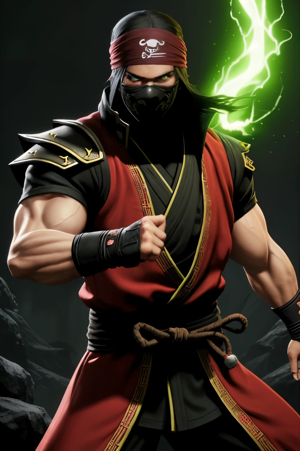 A red male ninja full of a pirate look, glowing green eyes, lost souls power, mortal Kombat engineering 
Unreal engine 5 